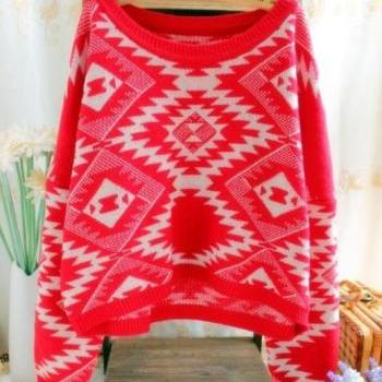 Red Retro Pullovers Bat Sleeve Sweater