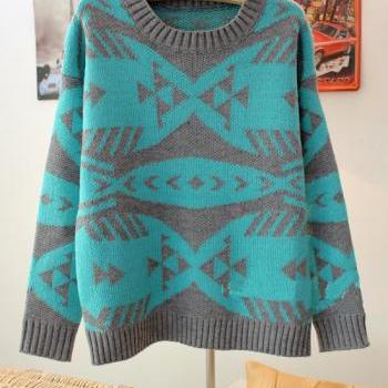 Blue Pop Art Geometric Abstract Fish Bones Pattern Sweater