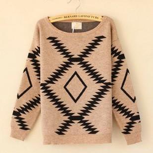 Khaki Vintage Diamond Round Neck Sweater